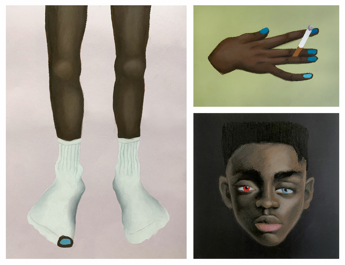 Paper, oil pastels, 2025. Torn sock 53х38 cm, Cigarette 29х20 cm, Portrait 29х29 cm